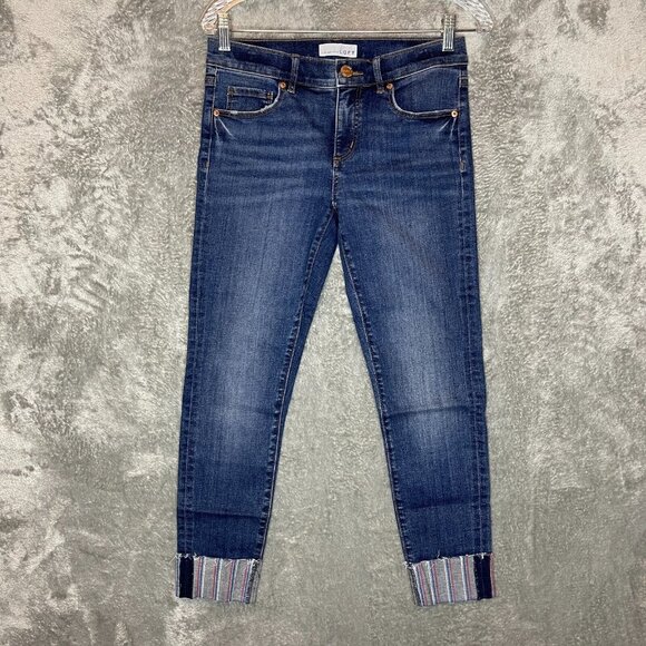 LOFT Women Classic Preppy Embroidered Slim Skinny Ankle Crop Dark Wash Jean 2 - Picture 1 of 11